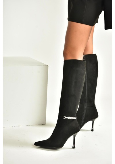 Fox Shoes V820330002 Siyah Süet İnce Topuklu Kadın Çizme Siyah