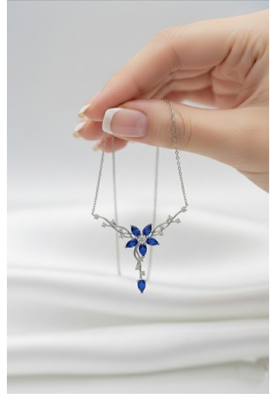 Çekirdekjewelry 925 Ayar Gümüş Safir Taşlı Sarmaşık Kolye Rodyum