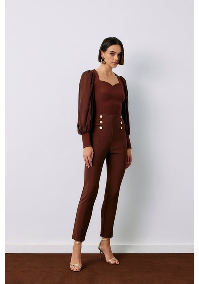 Sateen Düğme Detaylı Pantolon - Kahve-133793 Kahverengi