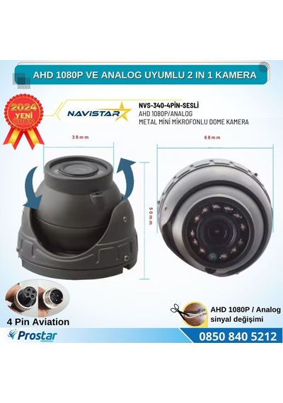 Mikrofonlu Ahd 1080p Ve Analog Pal Dönüşümlü Gece Görüşlü 4 Pin Mini Metal Dome Araç Kamerası