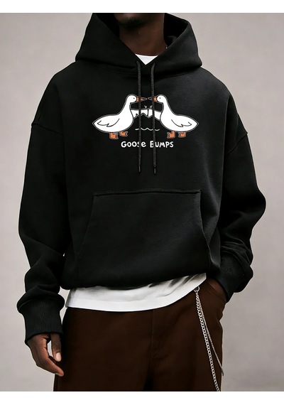 Startmore Tarzsokak Good Bumps Ducks Baskılı Erkekler Sonbahar Kapüşonlular Cep Trendy Tişörtü Rahat Hip Hop Uzun Siyah
