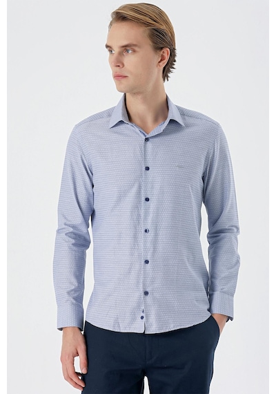 İmza Koyu Lacivert Uzun Kollu Desenli Armürlü Sert Yaka Cepsiz Pamuklu Slim Fit Dar Kesim Gömlek 1004235168-koyu Lacivert Koyu Lacivert