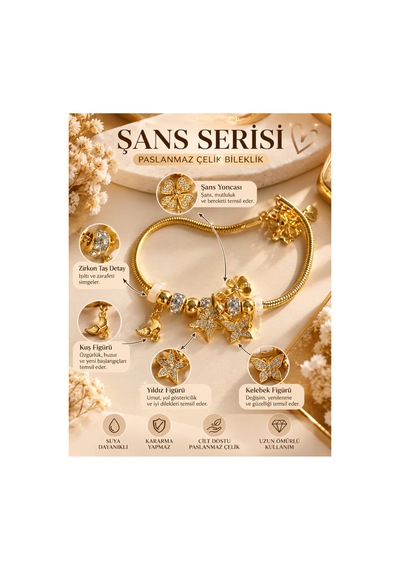 Şans Serisi Çelik Gold Charm Bileklik Yonca, Kelebek, Yıldız Ve Kuş Figürlü Altın