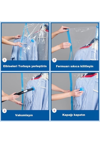 Vakumlu Hurç, Dolap Düzenleyici Elbise Saklama Poşeti,%80 Yer Tasarrufu,1adet 90x60cm,1adet 105x70cm,1adet 145x70cm Elbise Seti 3'lü