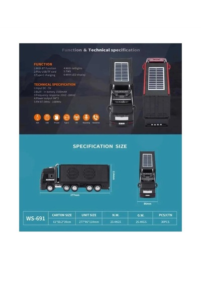 Tır Model Kablosuz Hoparlör Tf Kart Usb Bluetooth Fm Radyo Aux Destekli Bluetooth Speaker Güneş Enerjili Kırmızı