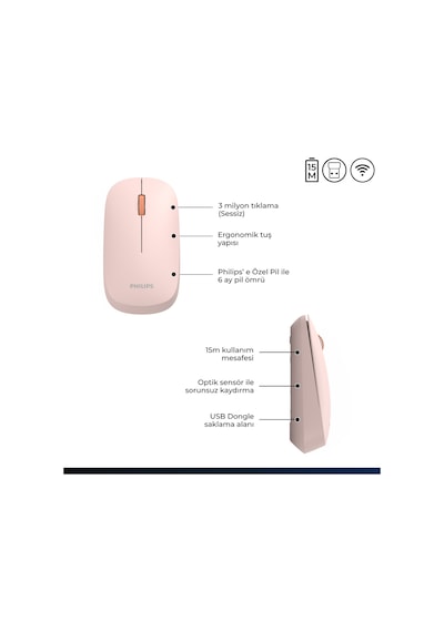 Philips SPK7438 Kablosuz 1600DPI 4 Tuşlu Optik Sessiz Mouse