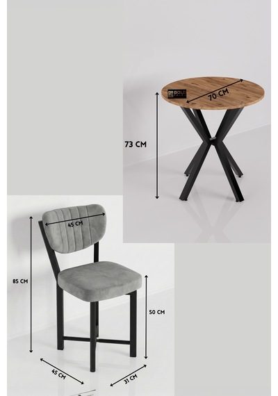 Mutfak Masası 70 Çap Yuvarlak Atlantik Masa 2 Sandalyeli Modern Balkon Cafe Seti Elma Gri