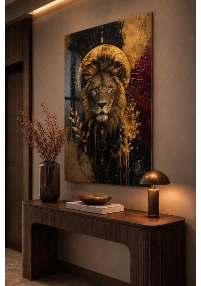 Aslan Temalı Temperli Cam Tablo Siyah Altın Bordo Detaylı Güçlü