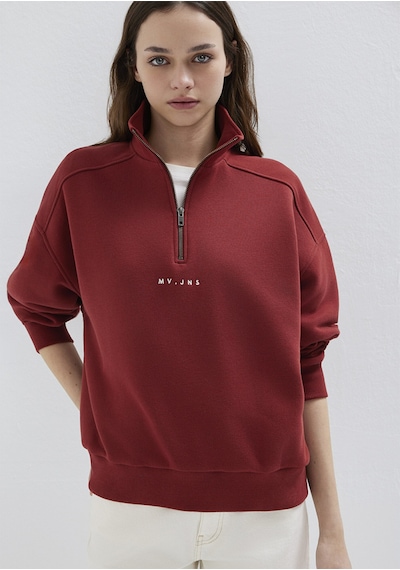 Mavi - Mvjns Nakışlı Yarı Fermuarlı Kırmızı Sweatshirt 1s10533-70411 Kırmızı