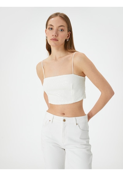 Koton Pullu Payetli Askılı Abiye Üst Crop Slim Fit Kırık Beyaz 4sak30010fk Ekru