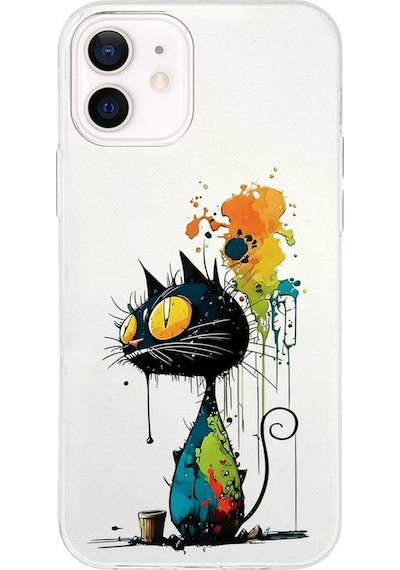 Apple Uyumlu iPhone 12 Mini İle  Splash Kedi Tasarımlı Şeffaf Silikon Kılıf 051e