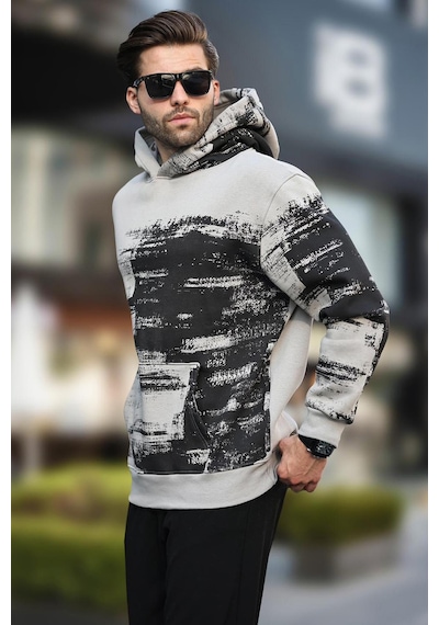 Madmext Boyalı Gri Kapüşonlu Desenli Cep Detaylı Erkek Sweatshirt 7059-boyalı Gri Boyalı Gri