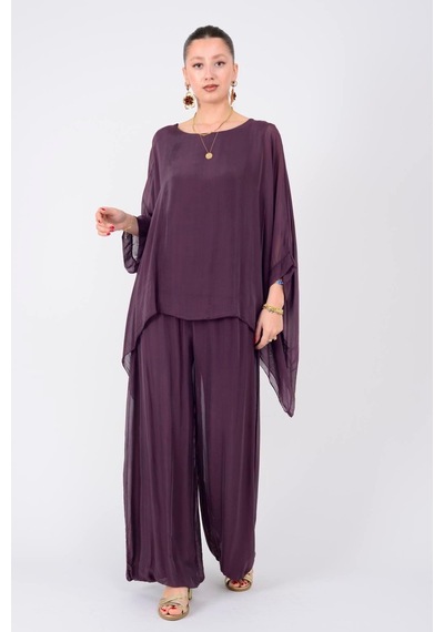 Bohem Stil İtalyan Yarasa Kol İpek Bluz & Pantolon Takım-8767 Mürdüm