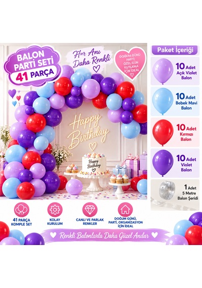 41 Parça Balon Parti Seti Renkli Ve Eğlenceli Kutlamalar İçin Çok  Renkli