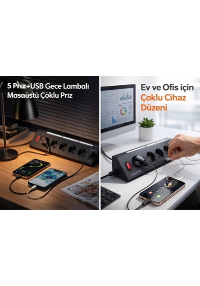 Akım Korumalı 5'li Akıllı Priz 2m Kablo Usb-a Usb-c Gece Işıklı Çoklu Priz 16a 3680w 0