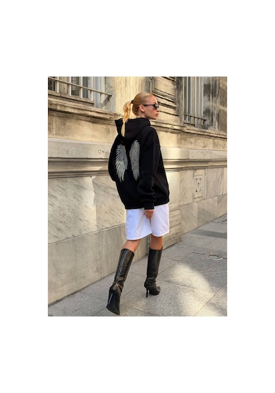 Zdnjeans Kadın Taşlı Kanat Baskılı Oversize Kapüşonlu Sweatshirt siyah