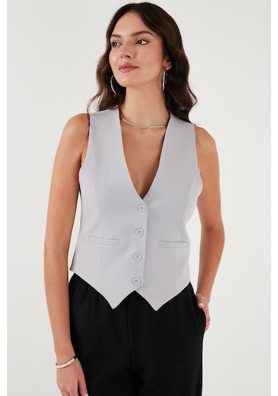 Lela Fitted Fit Düğmeli V Yaka Düğmeli Bayan Yelek 6696796 Açık Gri