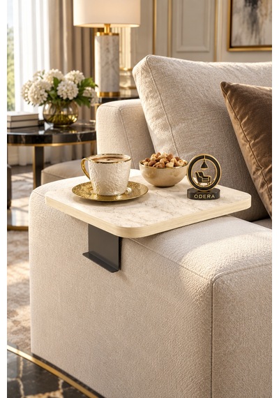Odera Traverten Ekru Ayarlanabilir Koltuk Kolu Sehpası 40x40 Cm Metal Destekli Modern C Sehpa Diğer