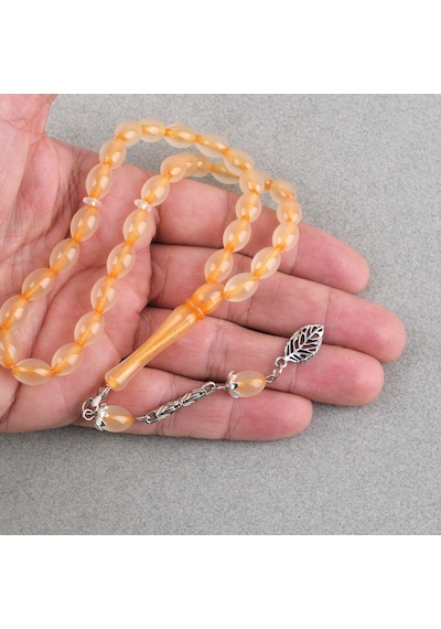 Kedigözü Toz Kehribar Alpaka Püsküllü Beyzi Kesim 7x11mm Tesbih Turuncu