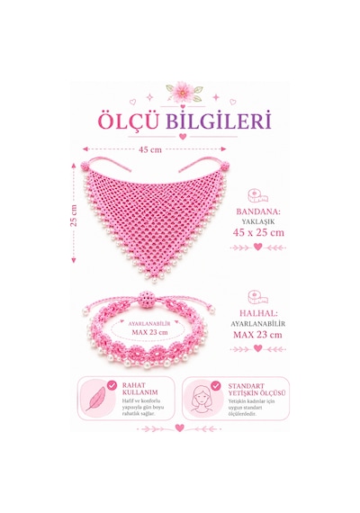Kadın El Örgüsü Üçgen Bandana Halhal Ayak Bilekliği Hediyeli Bohem Yazlık Saç Bandanası Plaj Tatil Festival Aksesuarı Pembe
