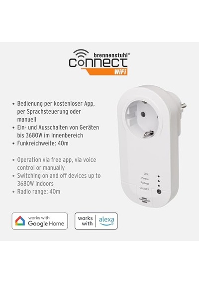 Brennenstuhl Wifi Özellikli Zaman Ayarlı Ses Kontrollü Akıllı Priz, Standart Diğer