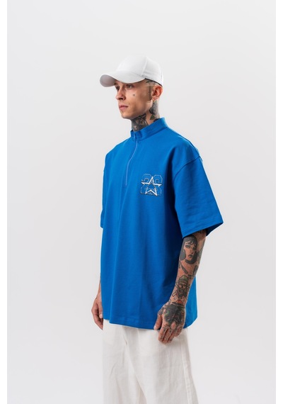 Respire Erkek 22 Baskılı Yarım Fermuarlı Oversize T-shirt Mavi