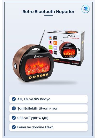 Bluetooth Hoparlör Şömineli Radyo Fenerli Am Fm Sw Usb Type-c Tf