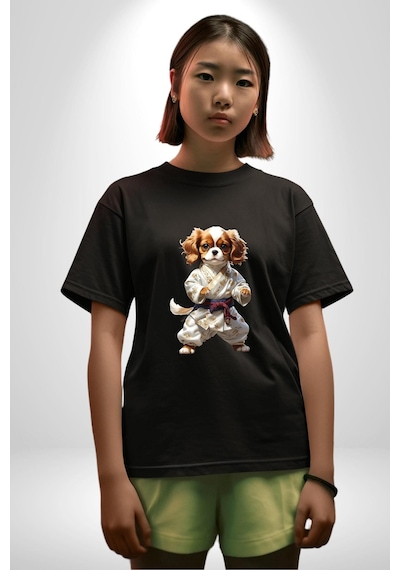 Cavailer King Charles Spaniel Karate Pamuklu Bisiklet Yaka Unisex Oversize Boyfriend Dijital Baskılı Siyah T-shirt Siyah