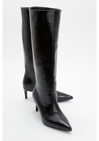 Luvishoes Luvi Shoes Camila Siyah Cilt Kadın Topuklu Çizme Siyah Mat