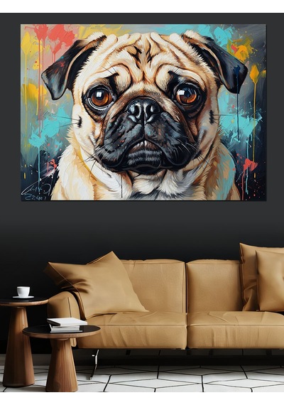 Ahşap Tablo Pug Köpeği Karizmatik Modern Portre