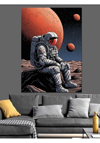 Ahşap Tablo Uzayda Oturan Modern Astronot Figürü