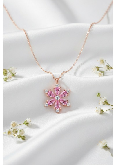 Çekirdekjewelry 925 Ayar Gümüş Pembe Taşlı Kamelya Çiçeği Kolye Rose