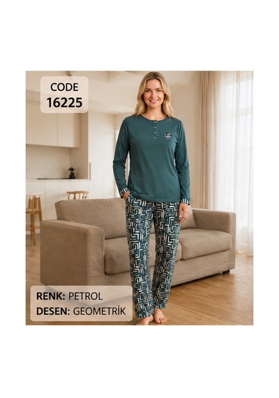 Melodi Kadın Standart Kalıp %100 Pamuk Düğmeli Yaka Uzun Kollu Baharlık Pijama Takımı 16225 - 1 Adet Petrol Melodi Kadın Standart Kalıp %100 Pamuk Düğmeli Yaka Uzun Kollu Baharlık Pijama Takımı 16225 - 1 Adet Petrol