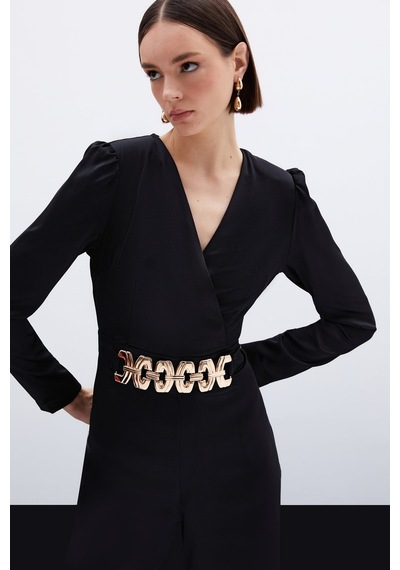 Sateen Birleşik Kemerli Saten Tulum - Siyah-136068 Siyah