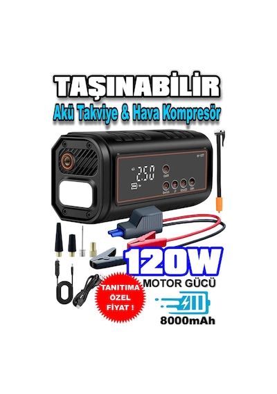Ht15 2 Fonksiyonlu Akü Takviye & Hava Kompresörü 12v 150 Psı Dijital Lastik Pompası Powerbank Özellikli 0 - 150 Psı 0 - 10 Bar