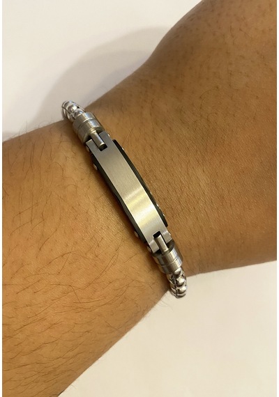 Erkek Silver Renk Plaka Detay Çelik Bileklik Gümüş