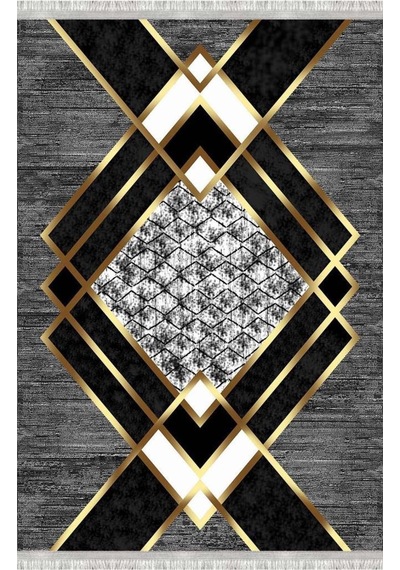 Gri Ve Altın Renklerde Modern Geometrik Desenli Dijital Baskılı Halı Kaymaz Tabanlı, Üçgen Ve