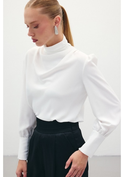 Sateen Drape Detaylı Bluz - Ekru