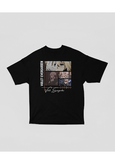 Sevbano Violet Evergarden Baskılı Unisex Oversize Anime Dizi Karakter Tiş Siyah