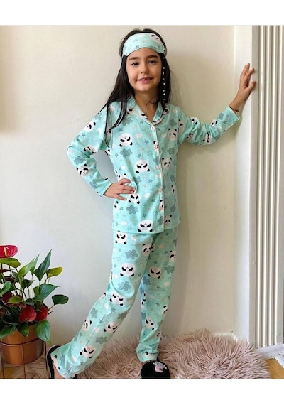 Kıpırık Baby Erkek Çocuk Düğmeli Panda Desenli Uzun Kollu Pijama Takımı-994 Mavi