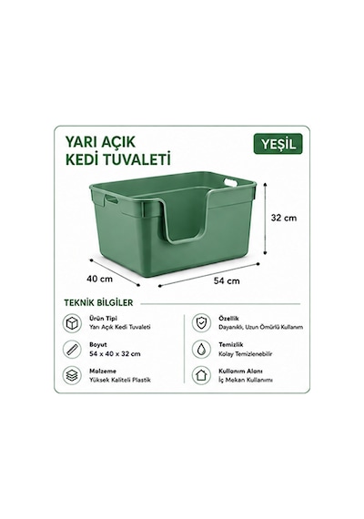 Pribor Yüksek Kenarlı Yarı Açık Kedi Tuvaleti, Geniş Ve Kolay Temizlenebilir 54 X 40 X 32 Cm Yeşil