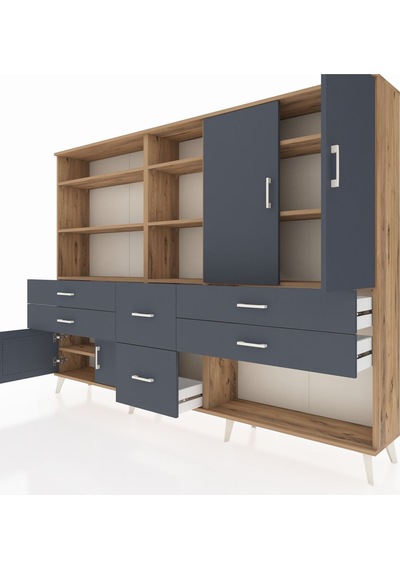 Arges Dolap 10 Raflı 6 Çekmeceli 4 Kapaklı 220x30x163 Çam-antrasi Çam-antrasit