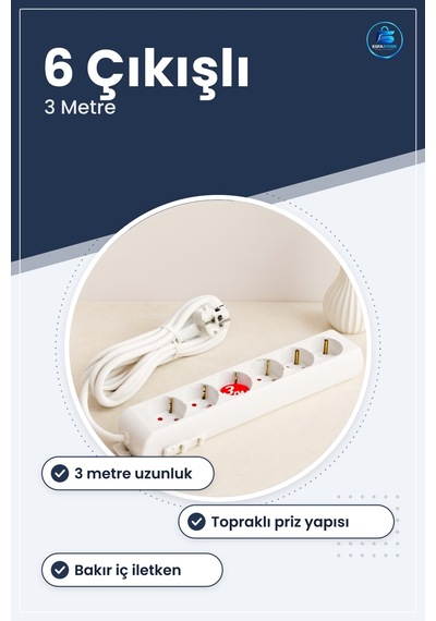 Grup Priz Uzatma Kablosu 3 M Topraklı 6 Çıkışlı Pvc Kılıflı Ev Of 3 M