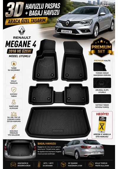 Renault Megane 4 Hatcback 2016+ Model Uyumlu 3d Araca Özel Havuzlu Paspas+bagaj Havuzu Birebir Uyum