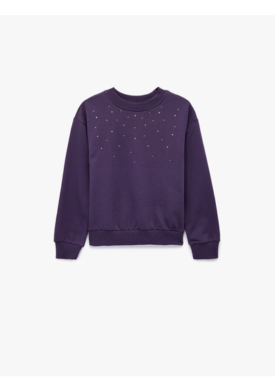 Koton Taş Detaylı Uzun Kollu Bisiklet Yaka Şardonlu Pamuklu Sweatshirt Mor 6wkg10084ak