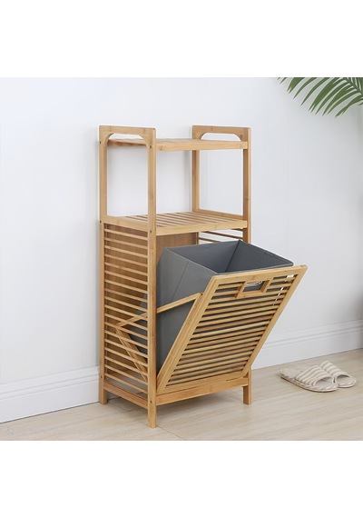 2 Organizer Raflı - Çek Aç Sepet Ahşap Bambu Kirli Çamaşır Sepet 40x35x95cm 5570 Çok Renkli