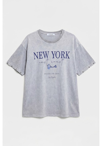 it's basic Kadın Antrasit S6-13 Oversize New York Baskılı T-shirt