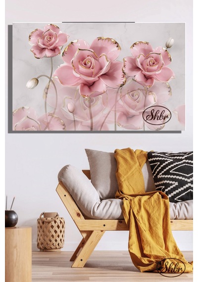Tekli, Yatay, Kanvas, Dekoratif, Duvar, Tablosu , Pembe Gold Detaylı 3d Güller,