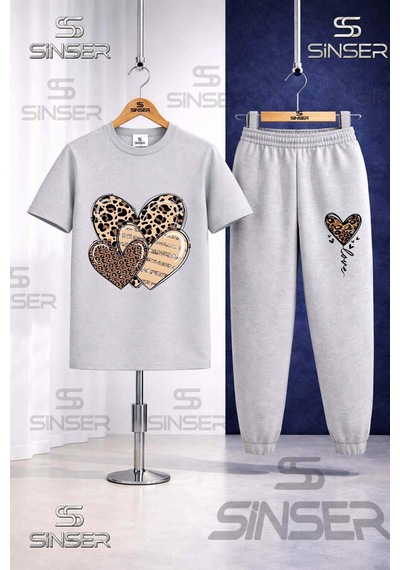 Ss Sinser Çocuk Kalpler Leopar Desenlı Baskılı Tişort Eşofman Takımı Gri