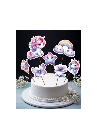 Unicorn Ve Gökkuşağı Büyük Boy Pasta Kürdanı Pasta Süsü Ve Cupcake - Pasta -kurabiye Süsleri 7 Parça Diğer